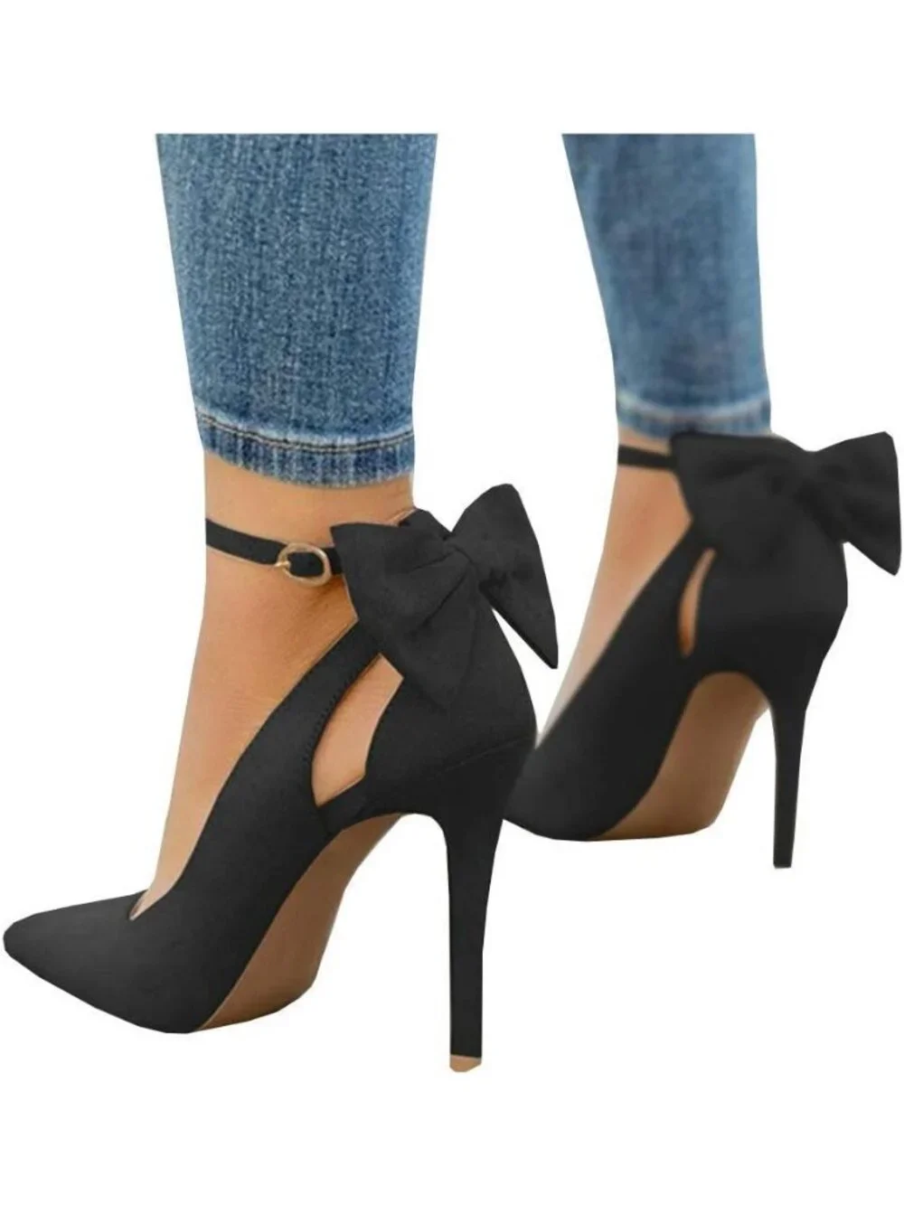 Women's Black Pointed Toe High Heels Ankle Strap Sexy Bowtie Back Dress Sandals